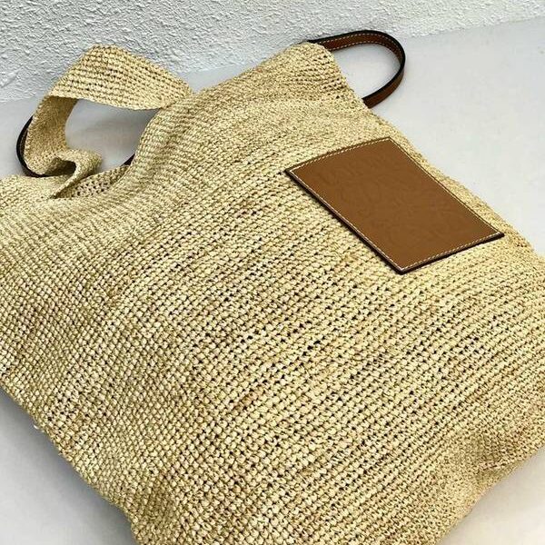 最高等級LOEWE酒椰纖維和小牛皮 Slit 手袋多功能手提袋Anagram壓紋補丁blpj13513