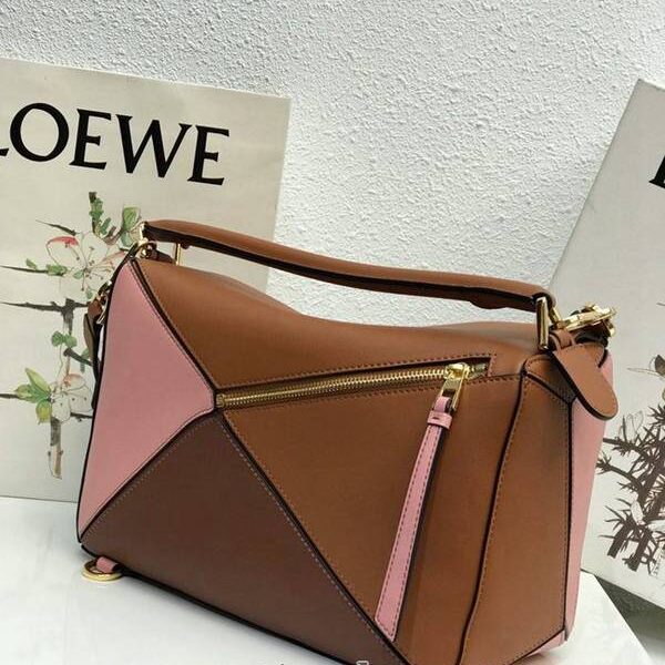 高仿包LOEWE棕拼粉Puzzle進口西班牙小牛皮blpj13829