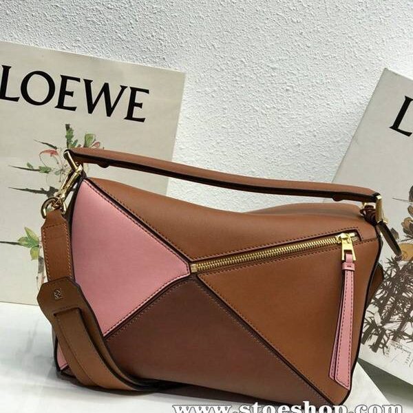 高仿包LOEWE棕拼粉Puzzle進口西班牙小牛皮blpj13829