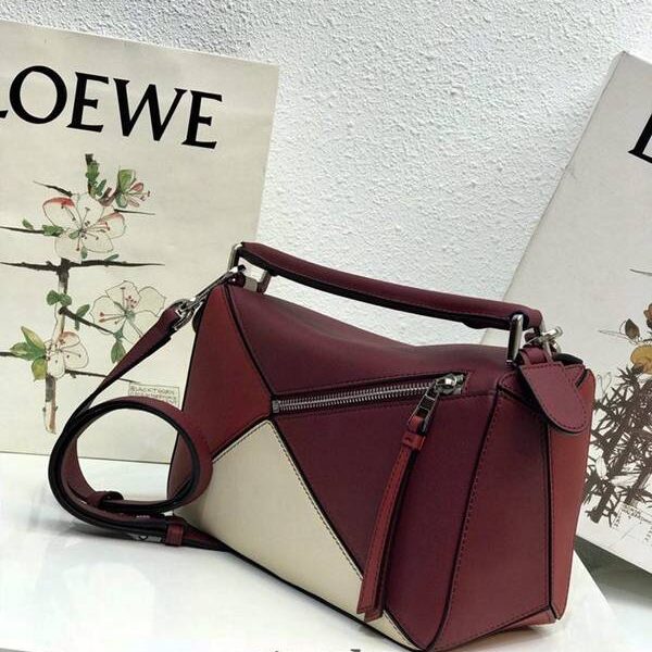 高仿LOEWE酒紅拼白Puzzle 羅意威進口西班牙小牛皮blpj13830