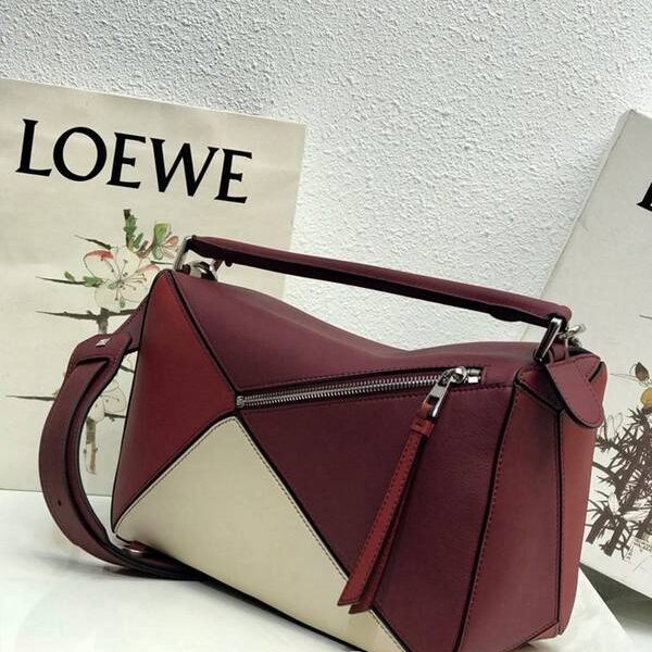原單LOEWE酒紅拼白Puzzle 羅意威進口西班牙小牛皮blpj13831