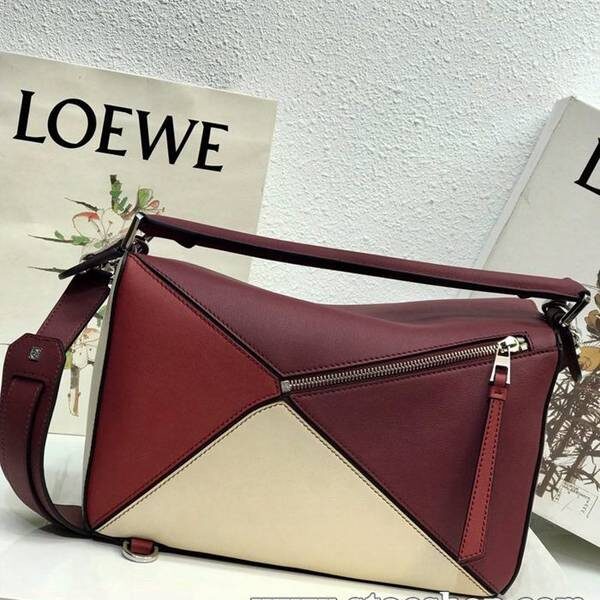 原單LOEWE酒紅拼白Puzzle 羅意威進口西班牙小牛皮blpj13831