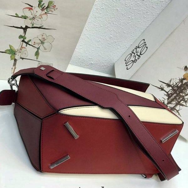 原單LOEWE酒紅拼白Puzzle 羅意威進口西班牙小牛皮blpj13831