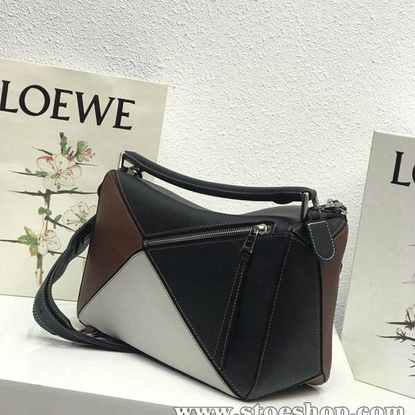 高仿名牌包LOEWE黑拼褐色Puzzle 羅意威進口西班牙小牛皮blpj13839