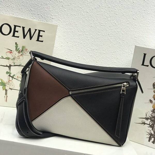 高仿名牌包LOEWE黑拼褐色Puzzle 羅意威進口西班牙小牛皮blpj13839