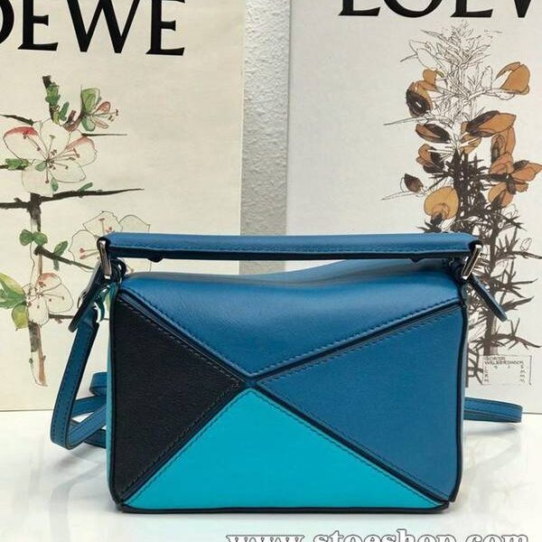 名牌高仿LOEWE藍拼黑羅意威全新推出puzzle mini 進口小牛皮 德國進口莎菲線blpj13875
