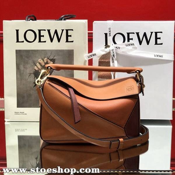 高仿精品LOEWE赤棕色拼色小號PUZZLE進口西班牙小牛皮blpj14260