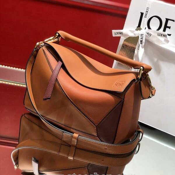 高仿精品LOEWE赤棕色拼色小號PUZZLE進口西班牙小牛皮blpj14260