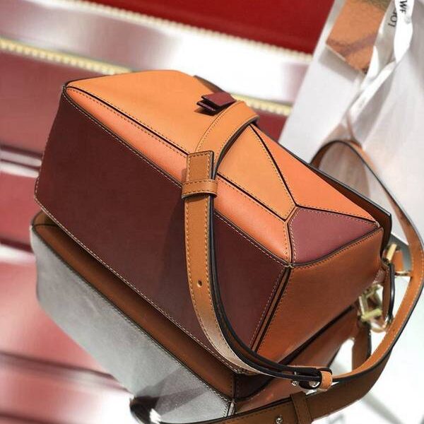 高仿精品LOEWE赤棕色拼色小號PUZZLE進口西班牙小牛皮blpj14260
