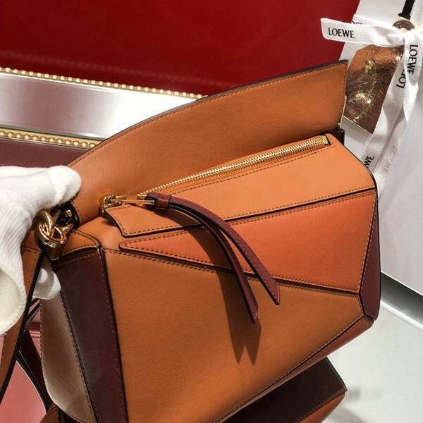 高仿精品LOEWE赤棕色拼色小號PUZZLE進口西班牙小牛皮blpj14260