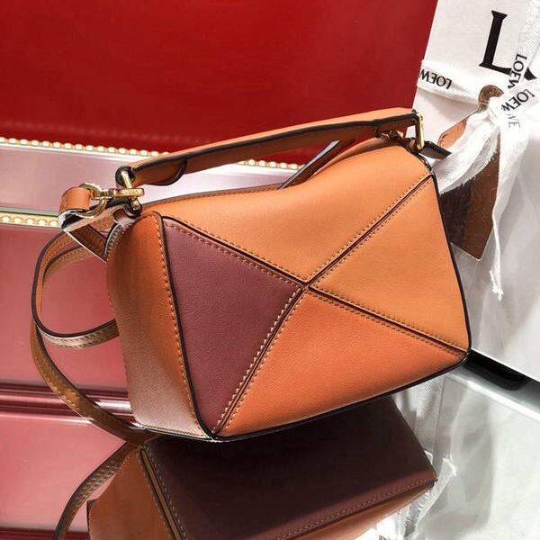 A貨 LOEWE赤棕拼色MINI PUZZLE進口小牛皮