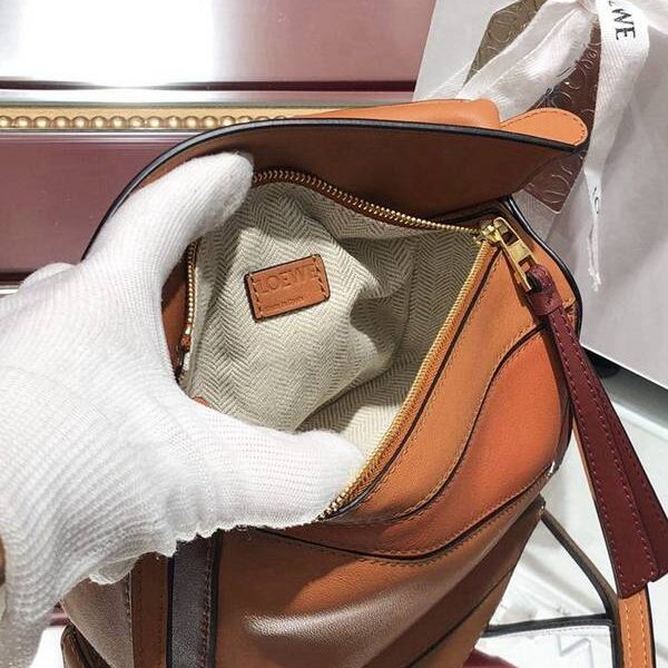 A貨 LOEWE赤棕拼色MINI PUZZLE進口小牛皮