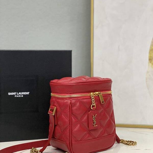 原單奢侈品YSL新款方形絎縫粒面壓印皮革80年代風格VANITY手袋649779【紅色】環繞式拉鏈化妝包blpj14435