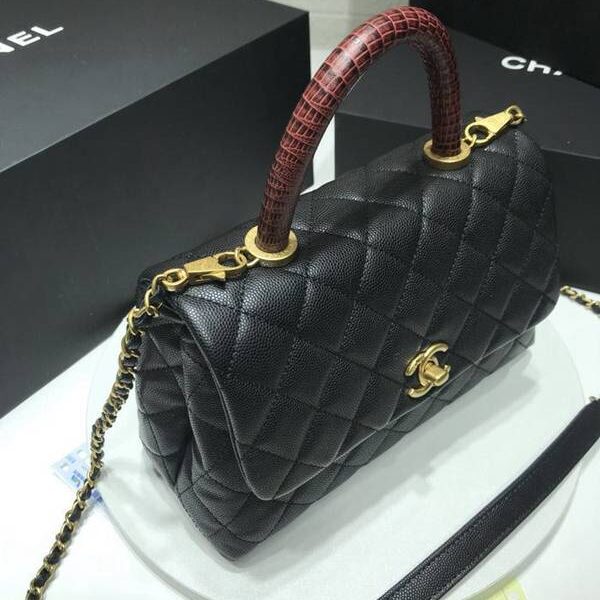 一比一精品chanel A92990最新棱格細顆粒壓花小牛皮配與棗紅蜥蜴紋手柄單肩斜挎手提中號口蓋包chb10177
