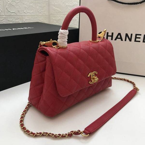 chanel手提袋複製品A92990最新棱格細顆粒壓花小牛皮配與小球紋手柄單肩斜挎手提中號口蓋包chb10194