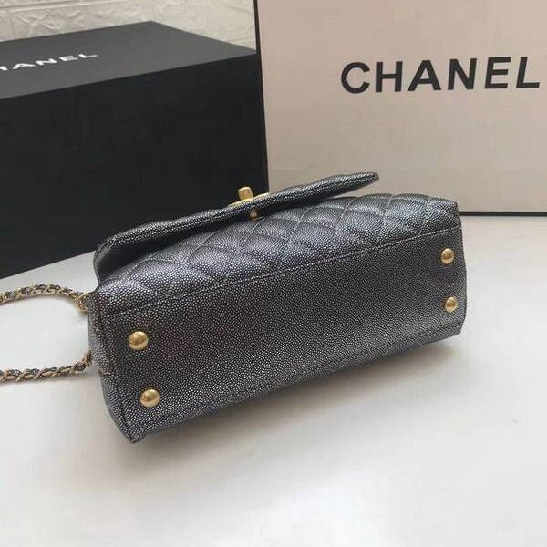 chanel高仿精品包A92990最新棱格細顆粒壓花小牛皮配與小球紋手柄單肩斜挎手提中號口蓋包chb10203