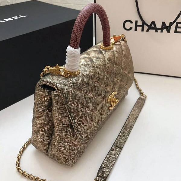 chanelA貨背包A92990最新棱格細顆粒壓花小牛皮配與小球紋手柄單肩斜挎手提中號口蓋包chb10207