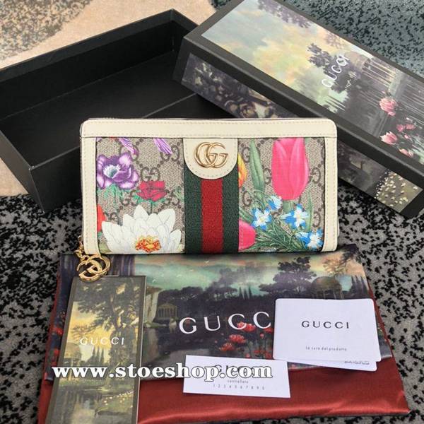 原單gucci 最新款印花圖案Ophidia系列全拉鏈式錢包採用GG Supreme高級人造帆布523154  花膠米白皮ydgu11334