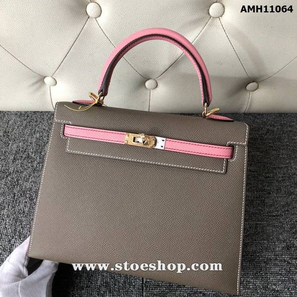 竭誠精品愛馬仕Kelly25cm Epsom 原廠掌紋皮 ck18 大象灰 Etoupe / 1Ｑ奶昔粉 rose confetti金扣 頂級工藝 全手工縫製