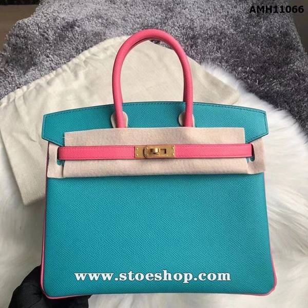 頂級原單愛馬仕Birkin 25cm Epsom 二拼色7F孔雀藍 拼8W唇膏粉 金扣，蠟線手工縫製