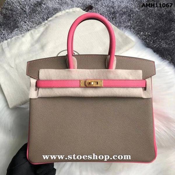 最高等級愛馬仕Birkin 25cm Epsom 二拼色CK18大象灰 拼8W唇膏粉 拉絲 金扣，蠟線手工縫製