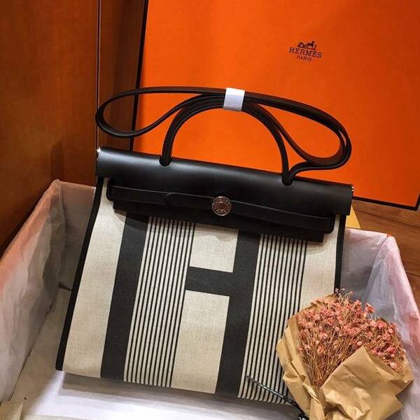 高仿包包愛馬仕全網最新最高版性價比升級版 Herbag 31cm 絲印麻布/黑