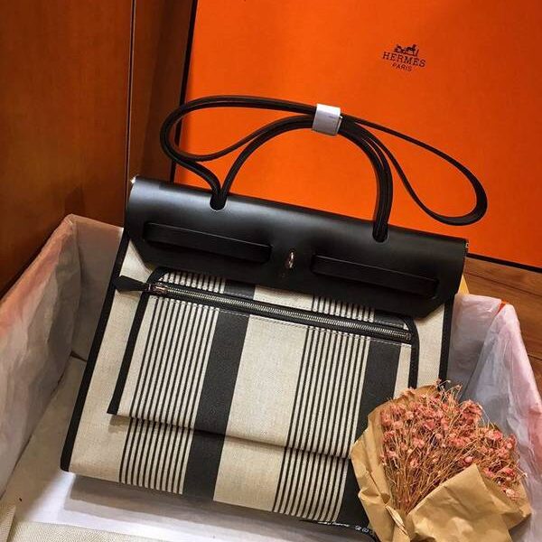 高仿包包愛馬仕全網最新最高版性價比升級版 Herbag 31cm 絲印麻布/黑