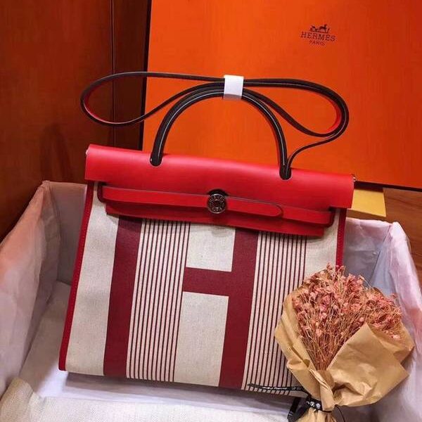 原單A貨愛馬仕全網最新最高版性價比升級版 Herbag 31cm絲印麻布/大紅