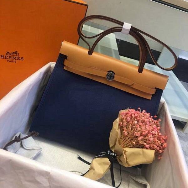 原單1：1愛馬仕Herbag 31Cm深藍/淺啡（男女神通用版 最學院派的包袋 神名：她的包）