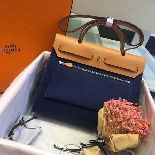 原單1：1愛馬仕Herbag 31Cm深藍/淺啡（男女神通用版 最學院派的包袋 神名：她的包）