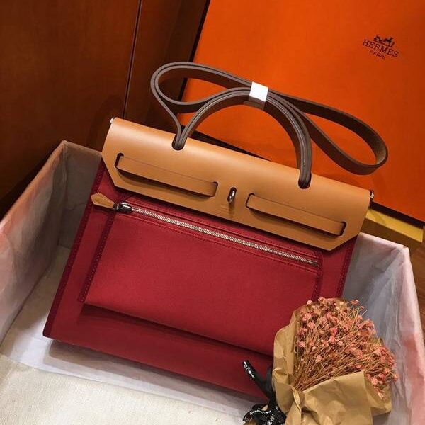 竭誠精品愛馬仕Herbag 31Cm暗紅/中啡男女神通用版 最學院派的包袋 神名：她的包
