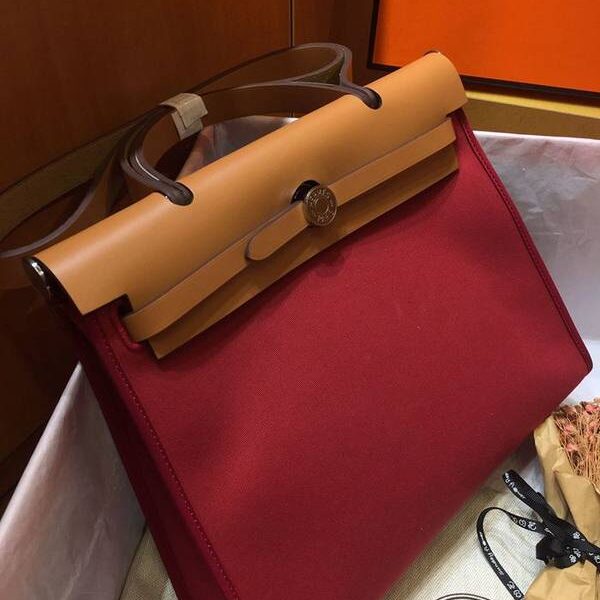 竭誠精品愛馬仕Herbag 31Cm暗紅/中啡男女神通用版 最學院派的包袋 神名：她的包