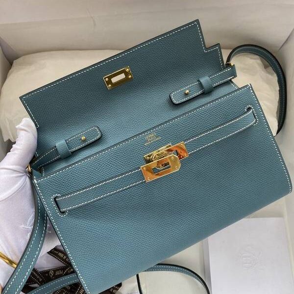 最高等級愛馬仕Ｈ新品 Kelly to go woc 牛仔藍/金扣