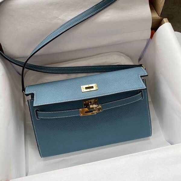最高等級愛馬仕Ｈ新品 Kelly to go woc 牛仔藍/金扣