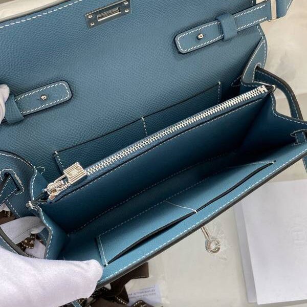 高仿精品批發愛馬仕新款Kelly Woc Kelly Classique to go【牛仔藍】金銀扣