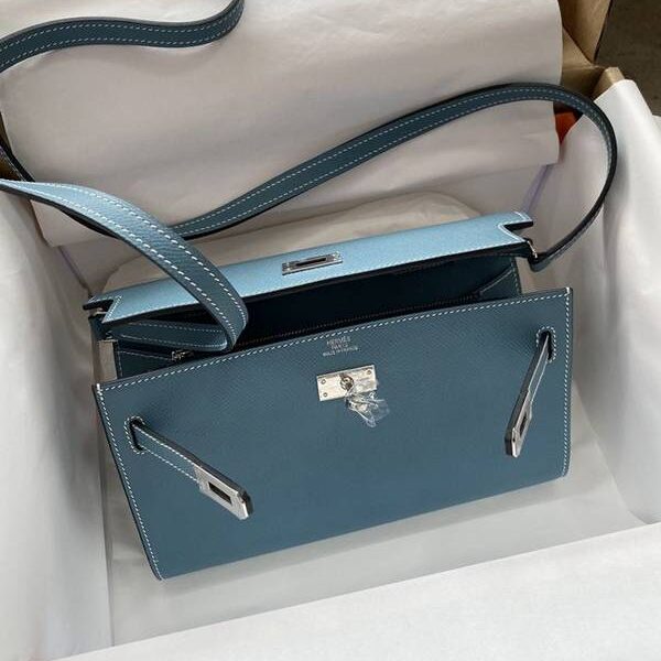 高仿精品批發愛馬仕新款Kelly Woc Kelly Classique to go【牛仔藍】金銀扣