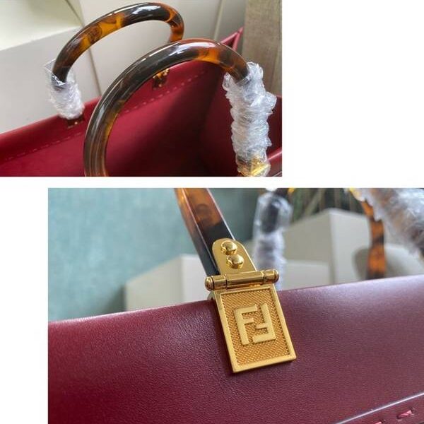 原單芬迪酒紅色皮革陽光購物手提袋“FENDI ROMA”fendi-12202