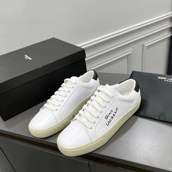 1:1精仿專櫃品質-YSL Saint Laurent男士/女士COURT SL/06光學白皮革和金色刺繡板鞋