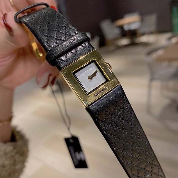 平價好看手錶 CHANEL【香奈兒】中古董手錶真皮菱形格子車線日本 滿天星空藍方形復古