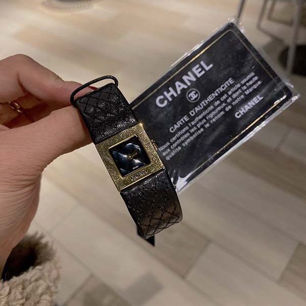 平價好看手錶 CHANEL【香奈兒】中古董手錶真皮菱形格子車線日本 滿天星空藍方形復古