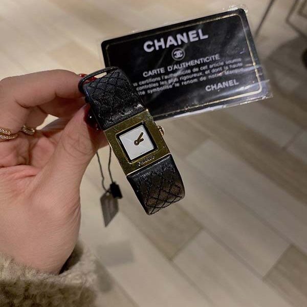 平價好看手錶 CHANEL【香奈兒】中古董手錶真皮菱形格子車線日本 滿天星空藍方形復古