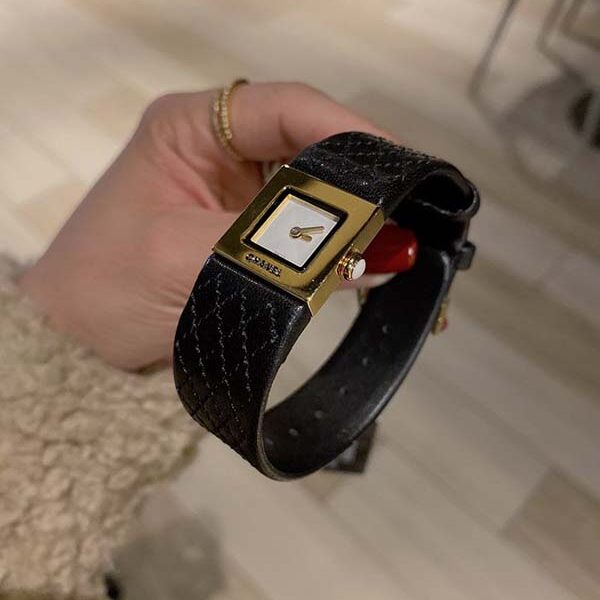 平價好看手錶 CHANEL【香奈兒】中古董手錶真皮菱形格子車線日本 滿天星空藍方形復古