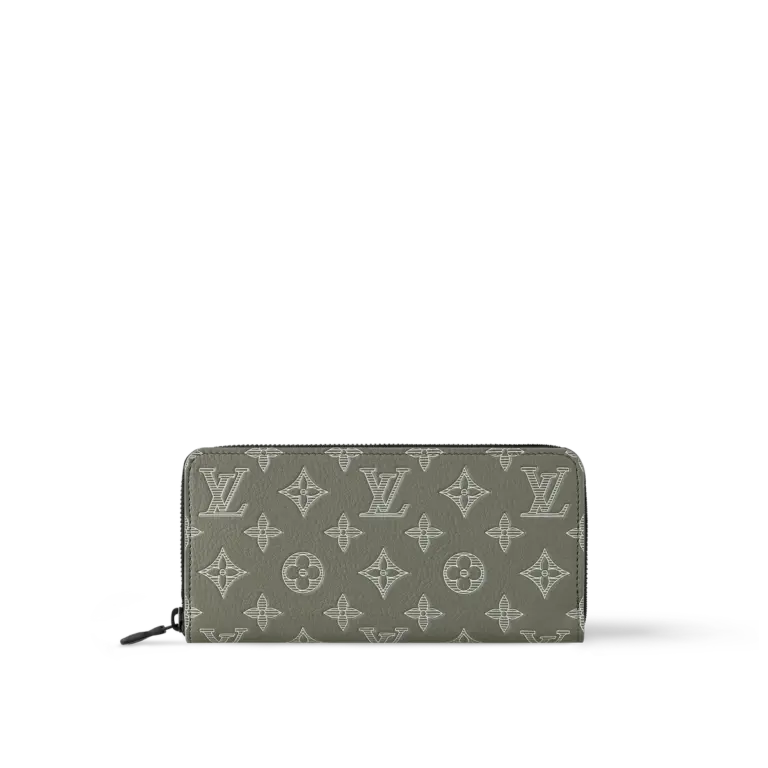 高仿LV Monogram Shadow壓花小牛皮橫式拉鏈錢包 | 橄欖綠多功能信用卡收納包-M12578