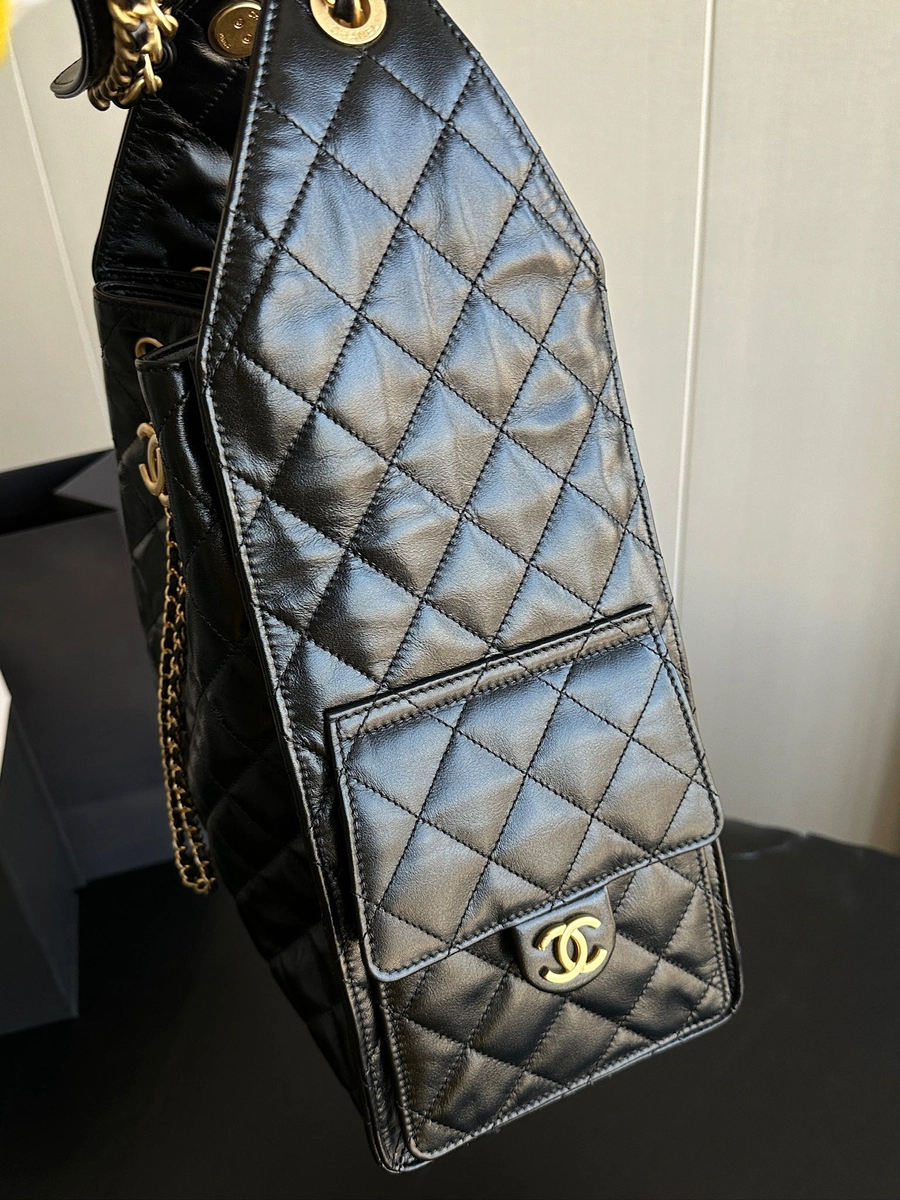 Chanel 25C 抽繩嬉皮包（Hobo包）黑金 大號 正品皮 Chanel 25C 抽繩嬉皮包