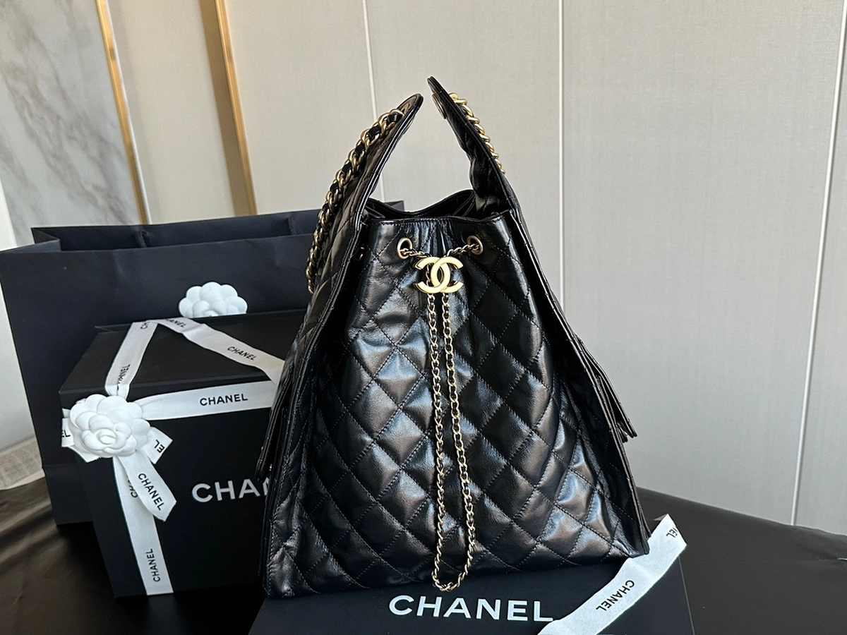 Chanel 25C 抽繩嬉皮包（Hobo包）黑金 大號 正品皮 Chanel 25C 抽繩嬉皮包