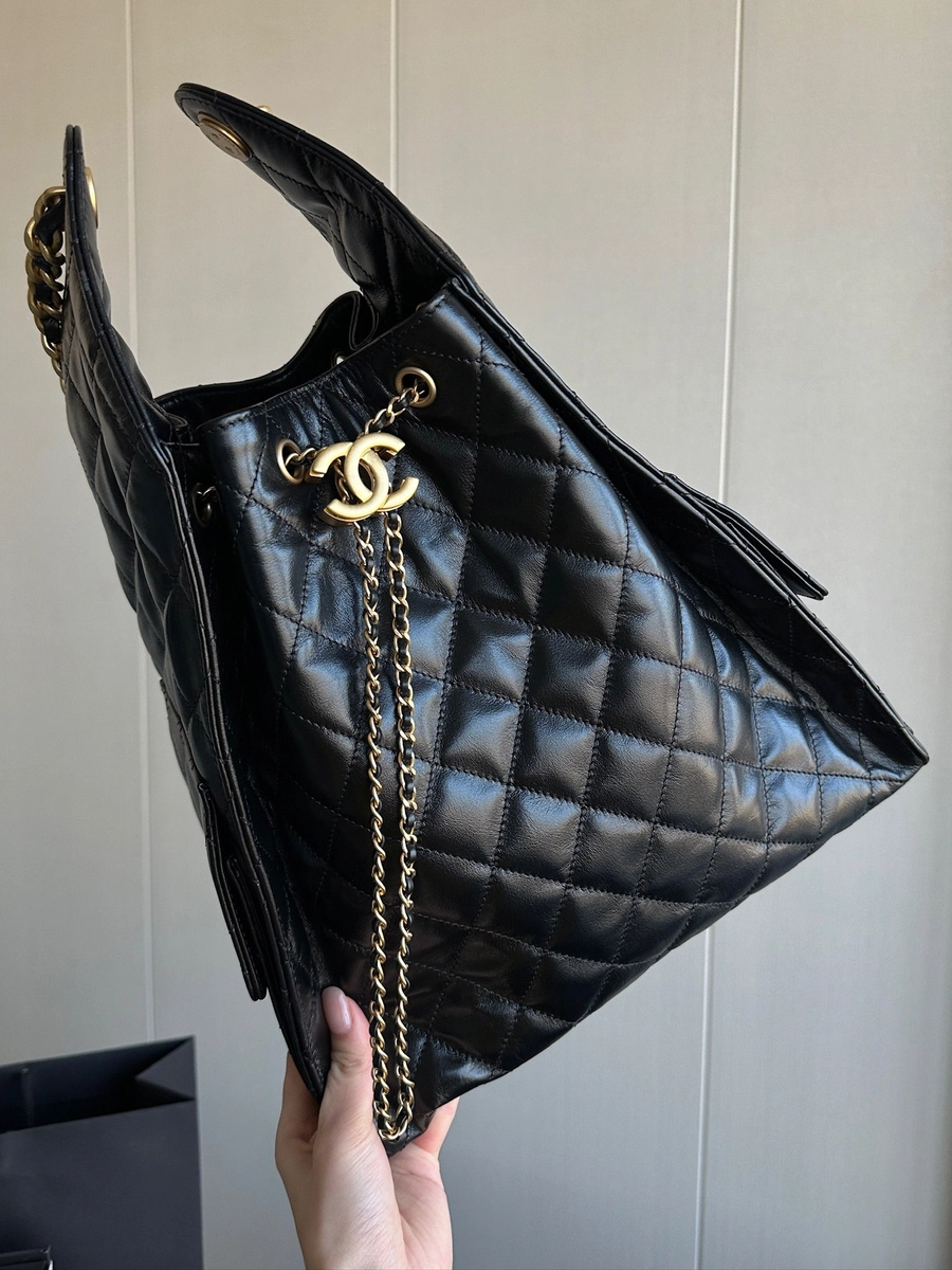 Chanel 25C 抽繩嬉皮包（Hobo包）黑金 大號 正品皮 Chanel 25C 抽繩嬉皮包