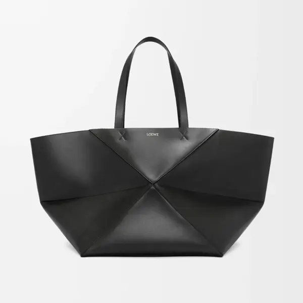 Loewe-羅意威 黑色特大號亮面牛皮革 Puzzle Fold 購物袋