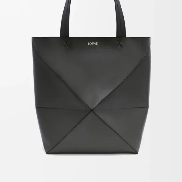 Loewe-羅意威 黑色超大號亮面牛皮革 Puzzle Fold 購物袋
