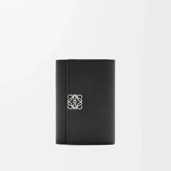 Loewe-羅意威 黑色小號鵝卵石紋牛皮 Anagram 豎款短夾