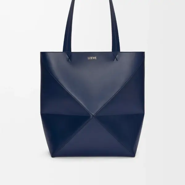 Loewe-羅意威 深邃藍超大號亮面牛皮革 Puzzle Fold 購物袋